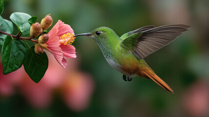 Fototapeta premium Side view of green hummingbird hovering near pink flower, feeding with its beak, vibrant nature background