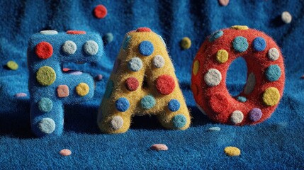 Colorful FAO Letters on Blue Fabric with Scattered Confetti.