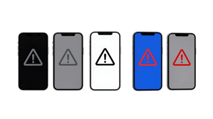 Five smartphones displaying warning signs in different colors
