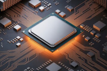 Close-up of a central processing unit (CPU), a vital component of modern technology, with intricate circuits. The CPU sits on a circuit board and glows warmly