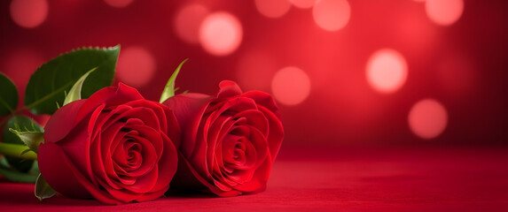 Two Romantic Red Roses Close Up on Red Surface with Soft Bokeh Lights, Beautiful Floral Background for Valentine's Day Greeting Cards and Love Messages