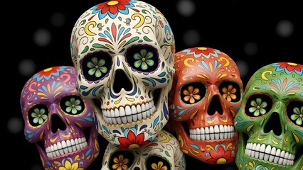 A group of colorful skulls decorated with flowers and designs for the Day of the Dead