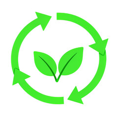 Fototapeta premium Green recycling symbol with leaves in center