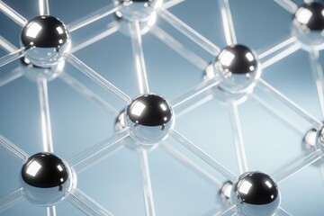 An abstract representation of interconnected nodes, depicting a network structure. The nodes are metallic, and the connections are translucent
