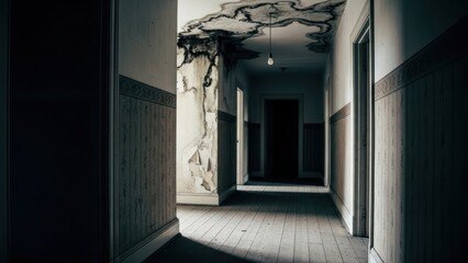 Dark and Eerie Hallway in an Abandoned Building with Peeling Paint and Damaged Ceiling.