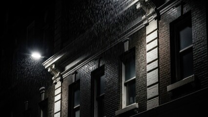 Dark brick building facade with illuminated windows and street light at night.