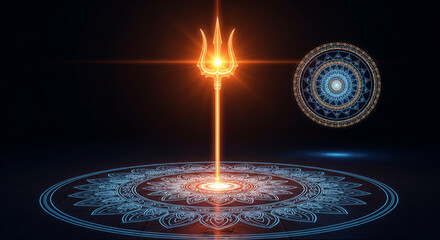 Mahadev Lord Shiva Trident Glowing Powerful Golden Aura Spiritual Mandala Sacred Geometric Pattern Hindu God Symbol Religious Worship Background Bholenath Shankar ... 