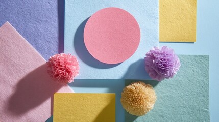Colorful geometric shapes and fluffy pom-poms on a vibrant background, playful and artistic composition.
