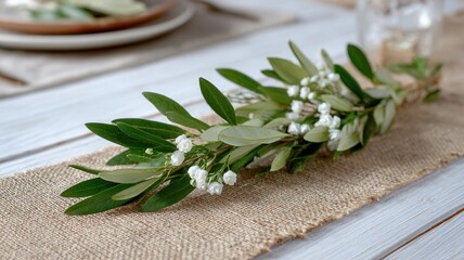 Burlap table runner decorating wedding reception with olive tree branches and white flowers baby's breath
