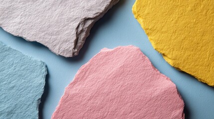 Colorful Handmade Paper Pieces on Blue Background.