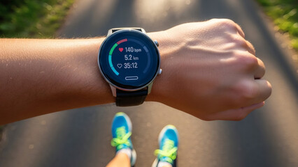 Runner checking real time fitness stats on a smartwatch during outdoor exercise on a sunny day