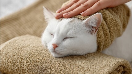 White cat relaxing a home spa setting wearing a towel on head, treatment beauty enjoying and pampering