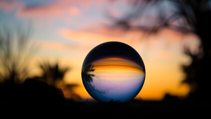 Crystal Ball Reflection of Colorful Sunset Sky. Glass Sphere Lensball on Ground in Nature