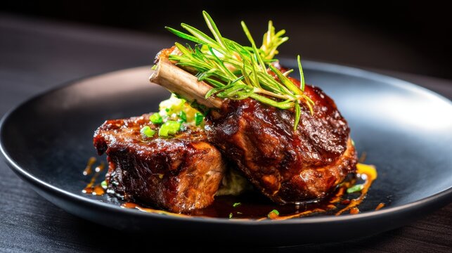Two glazed beef short ribs plated on a black dish, garnished with rosemary sprigs and citrus zest, with glaze