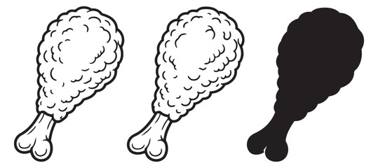 Line art fried chicken drumstick set featuring outline and silhouette designs for fast food menus