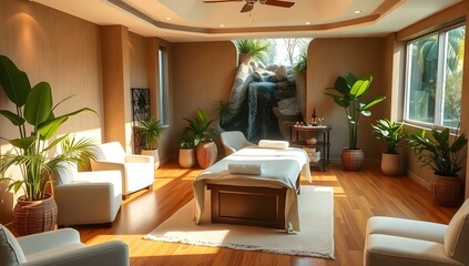 Luxury Spa Massage Room Interior with Waterfall. Relaxing Wellness Center Treatment Table
