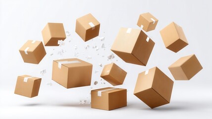Cardboard boxes flying and falling with golden glitter on white background, shipping representing delivery