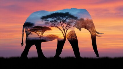 Elephant with african savanna sunset inside, representing wildlife nature's and conservation spirit