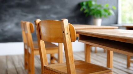 Empty classroom interior with wooden desks and student chairs, morning illuminating the silent sunlight space
