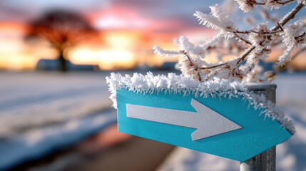 Frost-covered metal signpost with vibrant sunset in winter landscape
