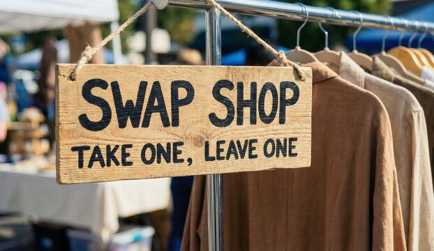A rustic wooden sign advertising a community 'swap shop - take one, leave one' clothing exchange event for sustainable fashion enthusiasts