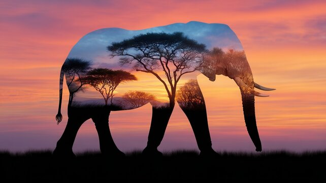 Elephant with african savanna sunset inside, representing wildlife nature's and conservation spirit