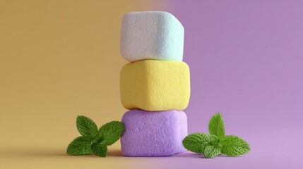 Colorful Marshmallow Stack with Fresh Mint Leaves on a Vibrant Background.