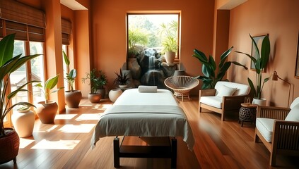 Luxury Spa Massage Room Interior with Waterfall. Relaxing Wellness Center Treatment Table