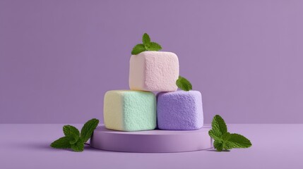 Colorful Marshmallows with Mint Leaves on a Purple Background.