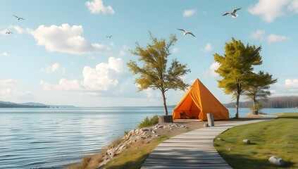Orange Camping Tent on Lake Shore with Wooden Boardwalk. Scenic Summer Nature Landscape