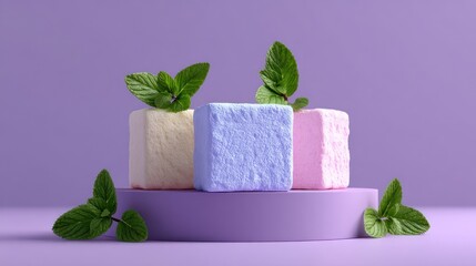 Colorful Marshmallows with Mint Leaves on Purple Pedestal.