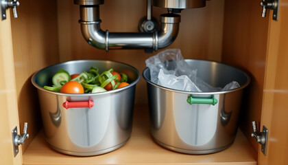 Efficient home waste sorting system with separate bins for organic and recyclable trash under kitchen sink