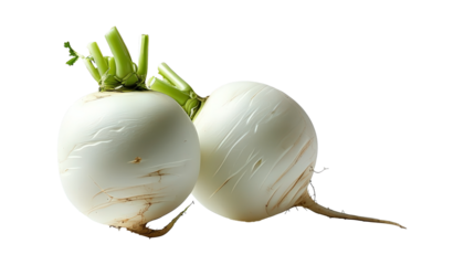 Fresh white radishes with green tops isolated on white for culinary and nutritional use