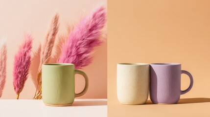 Colorful Mugs and Pampas Grass Decor.