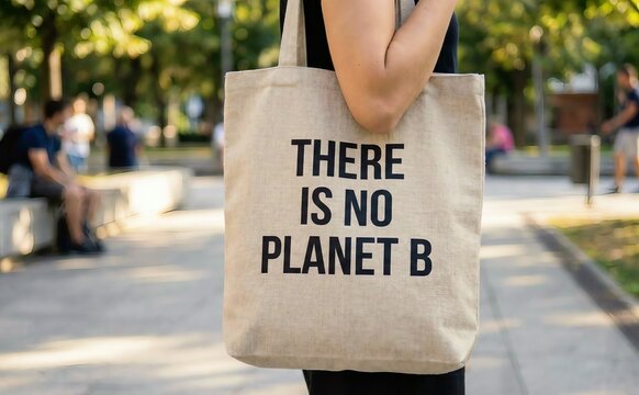 Powerful environmental message: person carries 'there is no planet b' eco-friendly tote bag, advocating for global sustainability and climate action in an urban setting