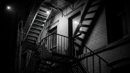 Dramatic Black and White Fire Escape Stairs on Building at Night.