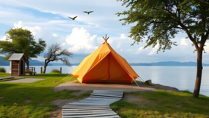 Orange Camping Tent on Lake Shore with Wooden Boardwalk. Scenic Summer Nature Landscape