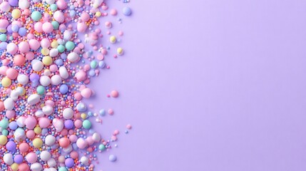 Colorful Pastel Sprinkles and Candies on a Light Purple Background.