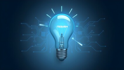 Futuristic Glowing Blue Light Bulb on Dark Background. Digital Innovation and Idea Concept