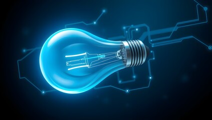 Futuristic Glowing Blue Light Bulb on Dark Background. Digital Innovation and Idea Concept