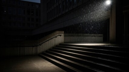 Dramatic Night Scene of Concrete Stairs Illuminated by a Single Streetlight in the Rain.