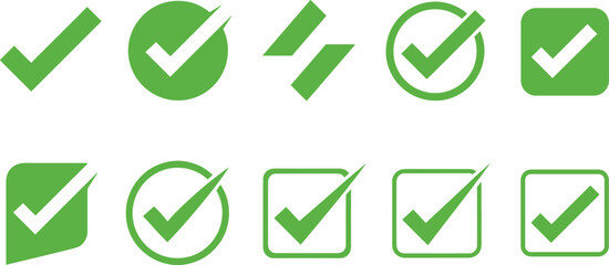 Green checkmark icons, approval symbols, verification signs set for success confirmation and validation design © Bokul Creatives