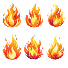 Set of fiery orange and yellow burning flame icons and hot bonfire vector illustrations featuring a warm blaze and heat elements for a powerful inferno design symbol
