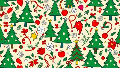 Seamless Christmas Pattern Background. Vector Texture with Trees, Holly and Holiday Elements