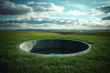 Mysterious circular well surrounded by lush green hills on a cloudy day