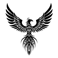 Black and White Tribal Style Detailed Phoenix Rising Bird Illustration