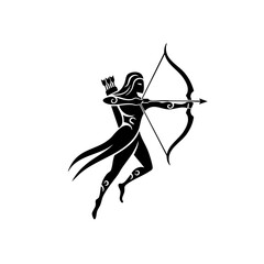 Silhouette Elegant Archer Woman Shooting with Bow and Arrow Illustration