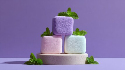 Colorful square candies with mint leaves on a purple background.