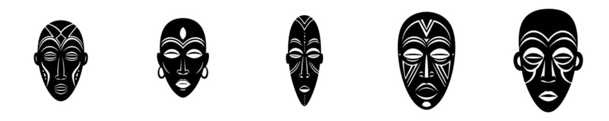 Simple Black and White Tribal Mask Line Art Icon Set Collection