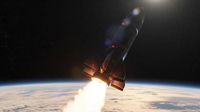 Futuristic Space Shuttle Re-entering Earth's Atmosphere with Bright Flames and Stars